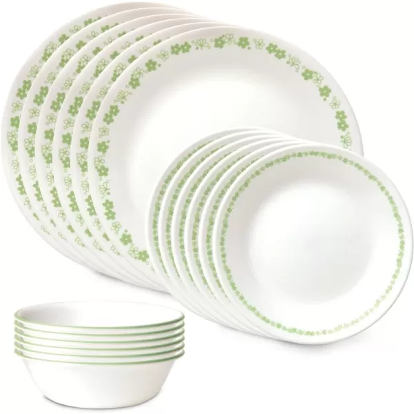 Corelle Vitrelle 18 Piece Glass Dinnerware Sets, Service for 6, Triple Layer Chip &amp; Crack Resistant Glass Plate and Bowl Sets, Spring Blossom Green