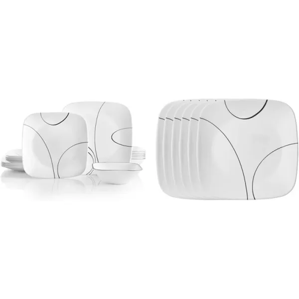 Corelle Vitrelle 18-Piece Service for 6 Dinnerware Set, Triple Layer Glass and Chip Resistant, Lightweight Square Plates and Bowls Set, Simple Sketch