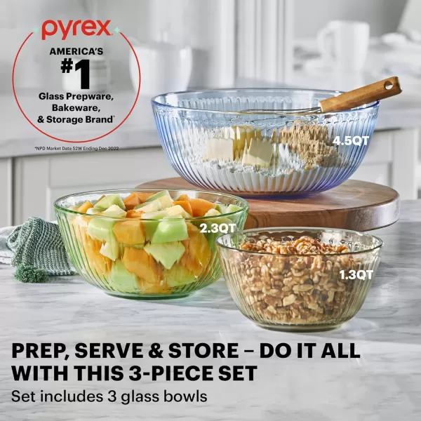 Pyrex Colors  Sculpted Tinted Glass Mixing Bowls With Lids, Nesting Space Saving Set of Bowls For Prepping and Baking, 1.3QT, 2.3QT &amp; 4.5Q
