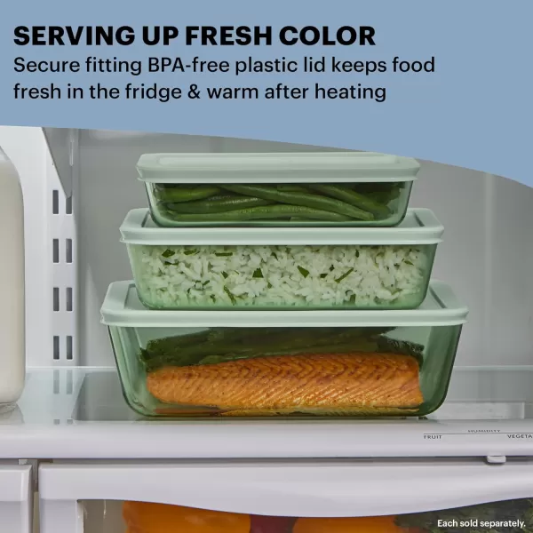 Pyrex Colors  Tinted Glass Rectangle Food Storage Container Set, Snug Fit Non-Toxic Plastic BPA-Free Lids, Freezer Dishwasher Microwave Safe, 3 Cup, 6 Cup &amp; 11 Cup, Green