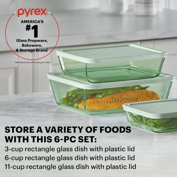 Pyrex Colors  Tinted Glass Rectangle Food Storage Container Set, Snug Fit Non-Toxic Plastic BPA-Free Lids, Freezer Dishwasher Microwave Safe, 3 Cup, 6 Cup &amp; 11 Cup, Green