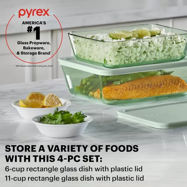 Pyrex Colors  Tinted Glass Rectangle Food Storage Container Set, Snug Fit Non-Toxic Plastic BPA-Free Lids, Freezer Dishwasher Microwave Safe, 3 Cup, 6 Cup &amp; 11 Cup, Green