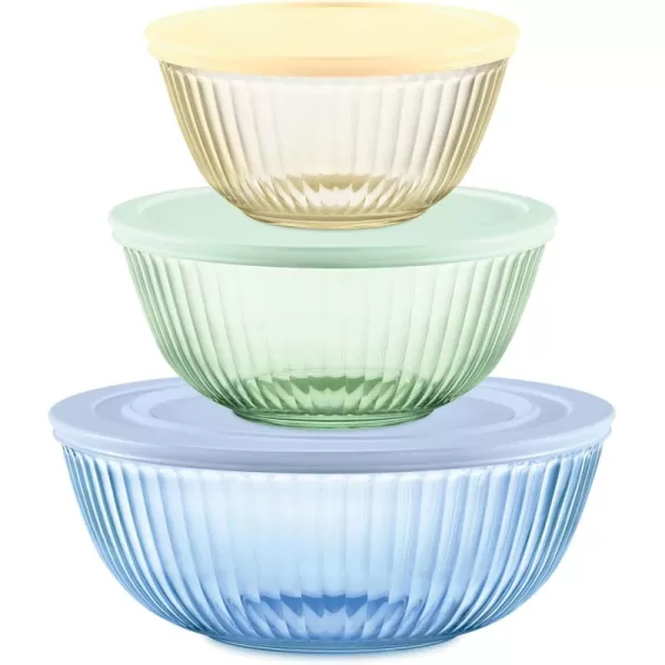 Pyrex Colors  Sculpted Tinted Glass Mixing Bowls With Lids, Nesting Space Saving Set of Bowls For Prepping and Baking, 1.3QT, 2.3QT &amp; 4.5Q