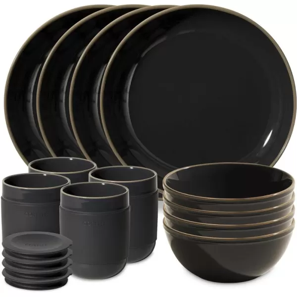 Corelle Stoneware 16-Pc Dinnerware Set, Handcrafted Artisanal Double Bead Plates, Meal Bowls, Bowls and Tumblers, Solid and Reactive Glazes, Dining Plate Set, Oatmeal