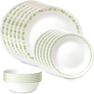 imageCorelle Vitrelle 18 Piece Glass Dinnerware Sets Service for 6 Triple Layer Chip ampamp Crack Resistant Glass Plate and Bowl Sets LailaSpring Blossom Green