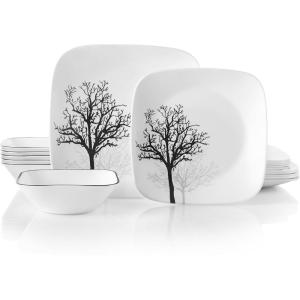 imageCorelle Vitrelle 18Piece Service for 6 Square Dinnerware Set Triple Layer Glass and Chip Resistant Lightweight Square Plates and Bowls Set Pure WhiteTimber Shadows
