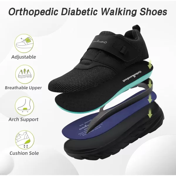 imageOrthoComfoot Mens Orthopedic Diabetic Wide Walking Shoes Comfortable Cushion Arch Support Plantar Fasciitis Loafers Orthotic High Arch Swollen Feet Adjustable Working Shoes for Ankle and Heel PainK1black