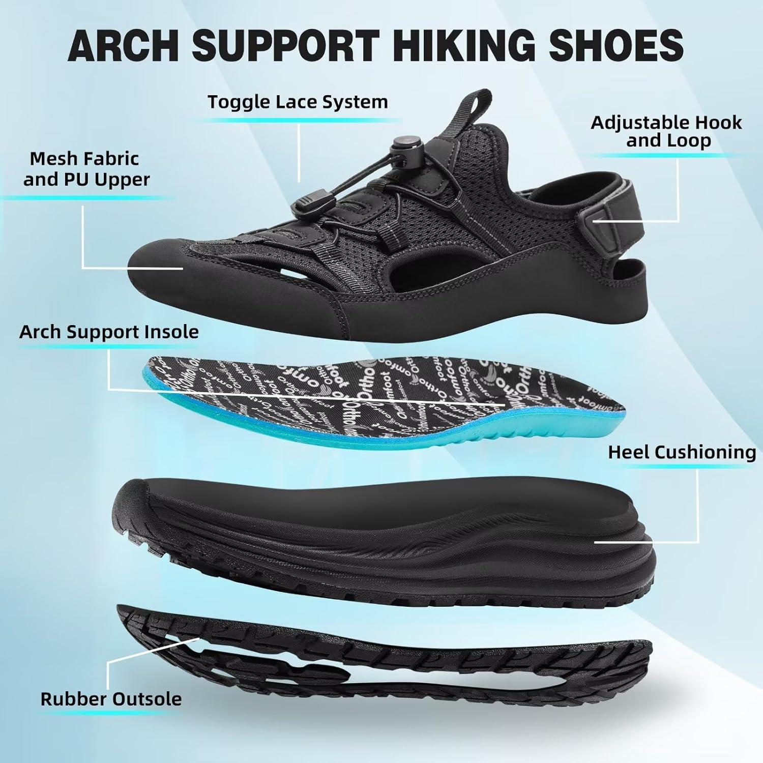 imageMens Orthopedic Close Toes Hiking Sandals Plantar Fasciitis Arch Support Adjustable Hook Loop Strap Athletic Sport Shoes Comfortable Casual Camping Waterproof Summer Walking SandalsW1black