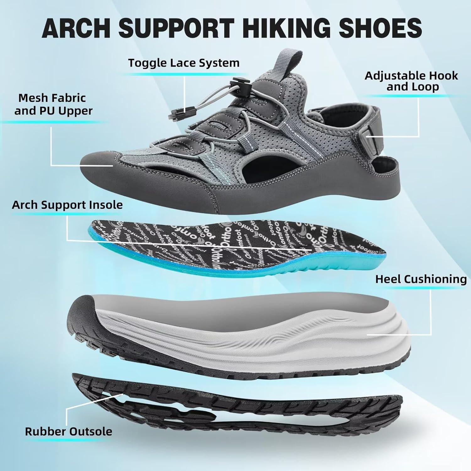 imageMens Orthopedic Close Toes Hiking Sandals Plantar Fasciitis Arch Support Adjustable Hook Loop Strap Athletic Sport Shoes Comfortable Casual Camping Waterproof Summer Walking SandalsW2grey