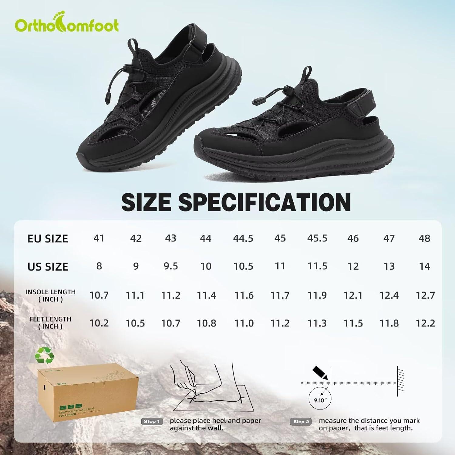 imageMens Orthopedic Close Toes Hiking Sandals Plantar Fasciitis Arch Support Adjustable Hook Loop Strap Athletic Sport Shoes Comfortable Casual Camping Waterproof Summer Walking SandalsW1black
