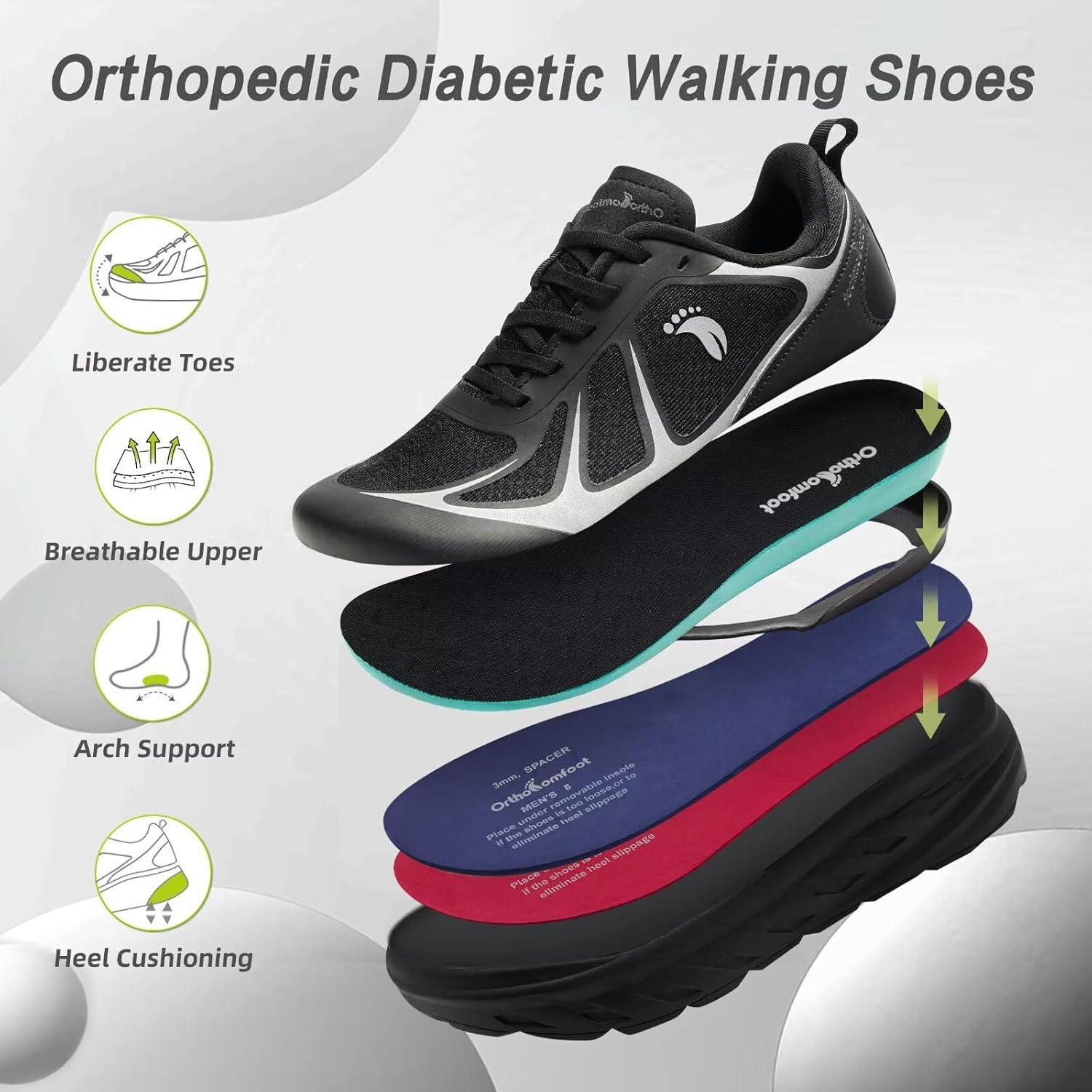 imageMens Orthopedic Diabetic Wide Running Shoes Comfortable Arch Support Plantar Fasciitis Sports Sneakers Casual Swollen Orthotic Work Tennis Walking Shoes for Foot and Heel Pain ReliefK1black