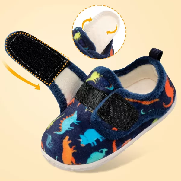 LRUN Toddler Slippers for Girls Boys Warm Household Shoes Kids Winter Slippers with Microfleece Lining for Indoor OutdoorNavy Dinosaur