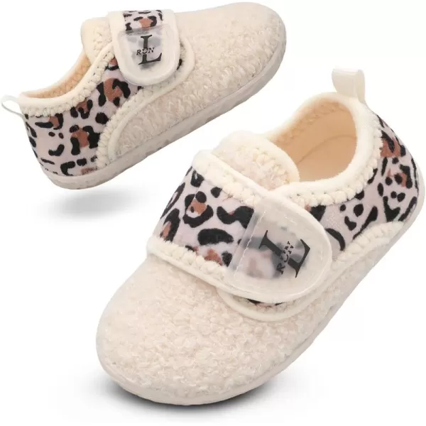 LRUN Toddler Slippers for Girls Boys Warm Household Shoes Kids Winter Slippers with Microfleece Lining for Indoor OutdoorBeige Leopard