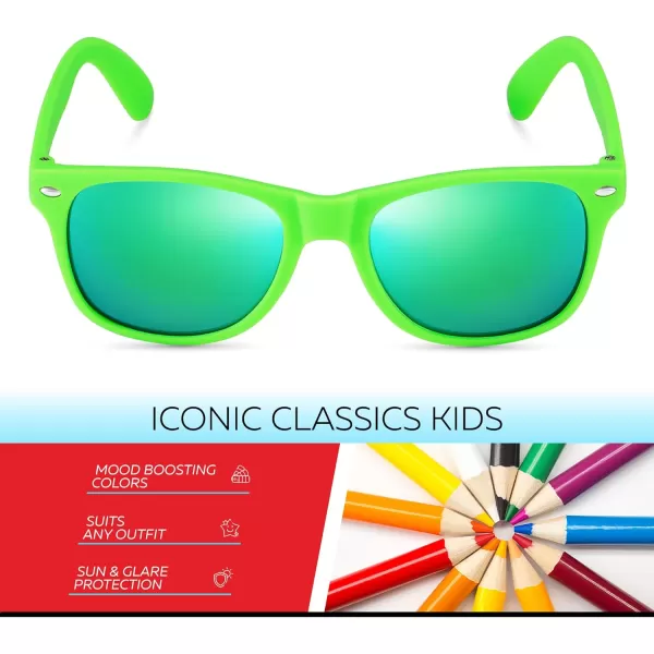 Retro Rewind Kids Sunglasses for Boys Girls Age 312  Shatterproof Rubberized Frame UV400 Toddler Children Sun GlassesNeon Green  Revo Green