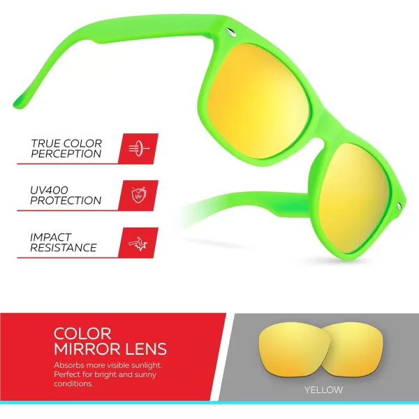 Retro Rewind Kids Sunglasses for Boys Girls Age 312  Shatterproof Rubberized Frame UV400 Toddler Children Sun GlassesNeon Green  Revo Yellow