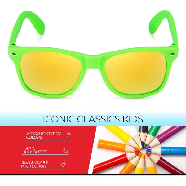Retro Rewind Kids Sunglasses for Boys Girls Age 312  Shatterproof Rubberized Frame UV400 Toddler Children Sun GlassesNeon Green  Revo Yellow