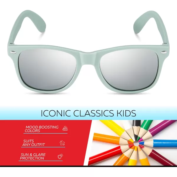 Retro Rewind Kids Sunglasses for Boys Girls Age 312  Shatterproof Rubberized Frame UV400 Toddler Children Sun GlassesOlive Gray  Silver Mirror