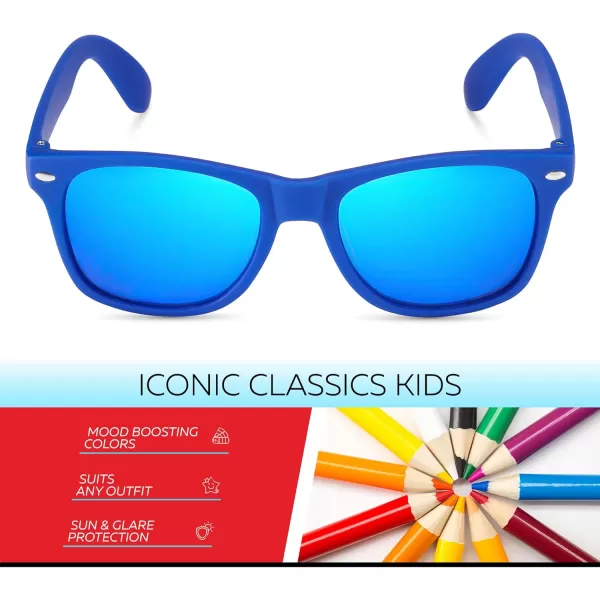 Retro Rewind Kids Sunglasses for Boys Girls Age 312  Shatterproof Rubberized Frame UV400 Toddler Children Sun GlassesRoyal Blue  Ice Blue