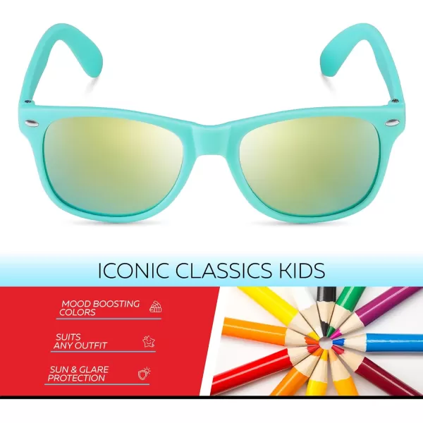 Retro Rewind Kids Sunglasses for Boys Girls Age 312  Shatterproof Rubberized Frame UV400 Toddler Children Sun GlassesTurquoise  Revo Gold