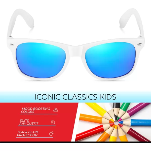 Retro Rewind Kids Sunglasses for Boys Girls Age 312  Shatterproof Rubberized Frame UV400 Toddler Children Sun GlassesWhite  Revo Ice Blue