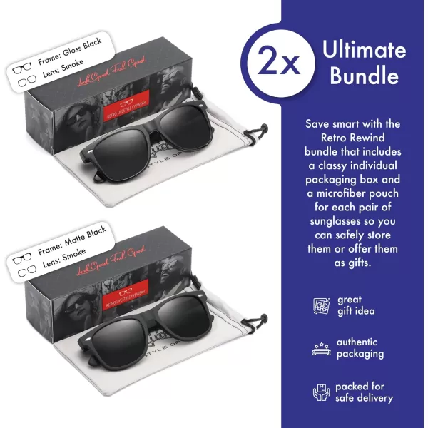 Retro Rewind Polarized Sunglasses for Men and Women  UV Protection Classic Sun Glasses2pack Matte Black  Glossy Black