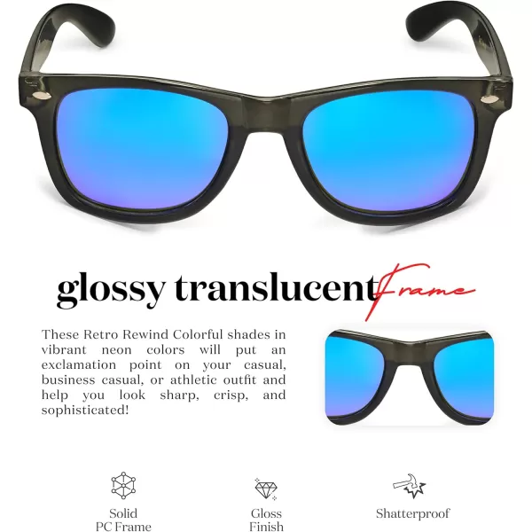 Retro Rewind Translucent Frame Colorful Neon 80s Mirrored Sunglasses for Men WomenTranslucent Black  Revo Ice Blue Mirror