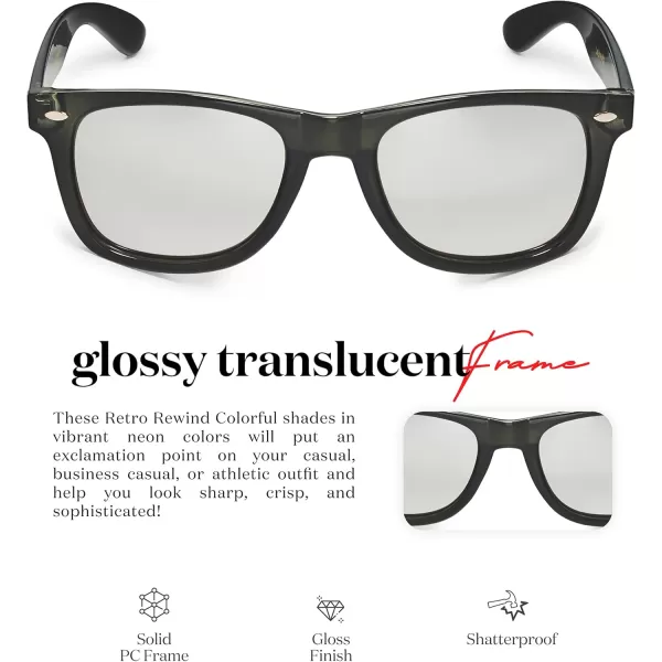 Retro Rewind Translucent Frame Colorful Neon 80s Mirrored Sunglasses for Men WomenTranslucent Black  Silver Mirror