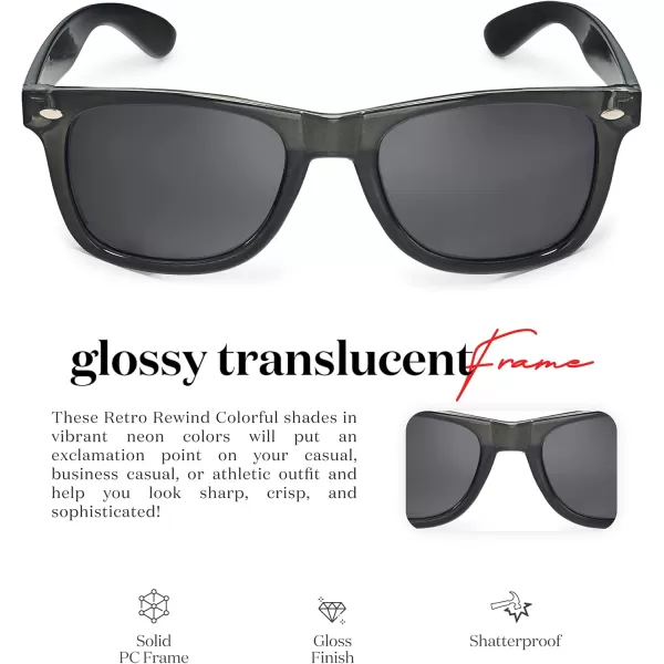Retro Rewind Translucent Frame Colorful Neon 80s Mirrored Sunglasses for Men WomenTranslucent Black  Smoke
