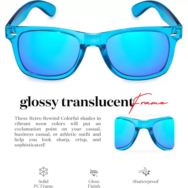 Retro Rewind Translucent Frame Colorful Neon 80s Mirrored Sunglasses for Men WomenTranslucent Electric Blue  Revo Ice Blue Lens