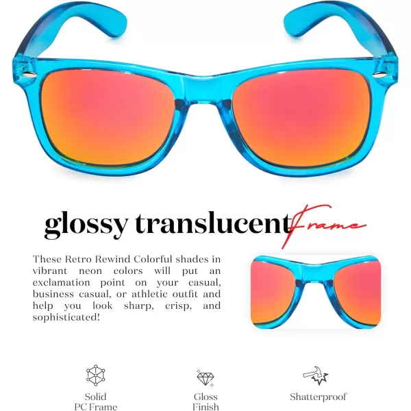 Retro Rewind Translucent Frame Colorful Neon 80s Mirrored Sunglasses for Men WomenTranslucent Electric Blue  Revo Red Lens