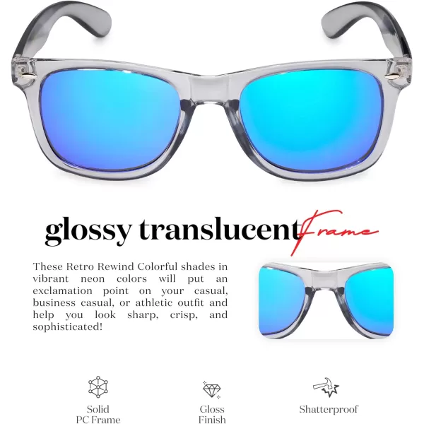 Retro Rewind Translucent Frame Colorful Neon 80s Mirrored Sunglasses for Men WomenTranslucent Gray  Revo Ice Blue Lens