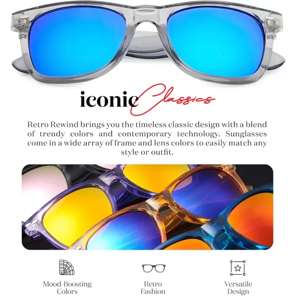 Retro Rewind Translucent Frame Colorful Neon 80s Mirrored Sunglasses for Men WomenTranslucent Gray  Revo Ice Blue Lens