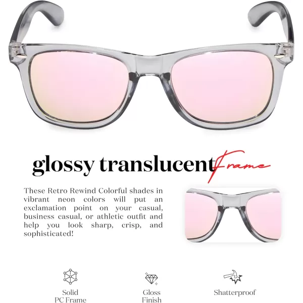 Retro Rewind Translucent Frame Colorful Neon 80s Mirrored Sunglasses for Men WomenTranslucent Gray  Revo Rose Gold Lens