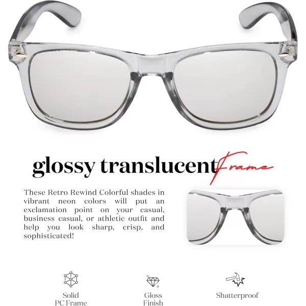 Retro Rewind Translucent Frame Colorful Neon 80s Mirrored Sunglasses for Men WomenTranslucent Gray  Silver Mirror Lens