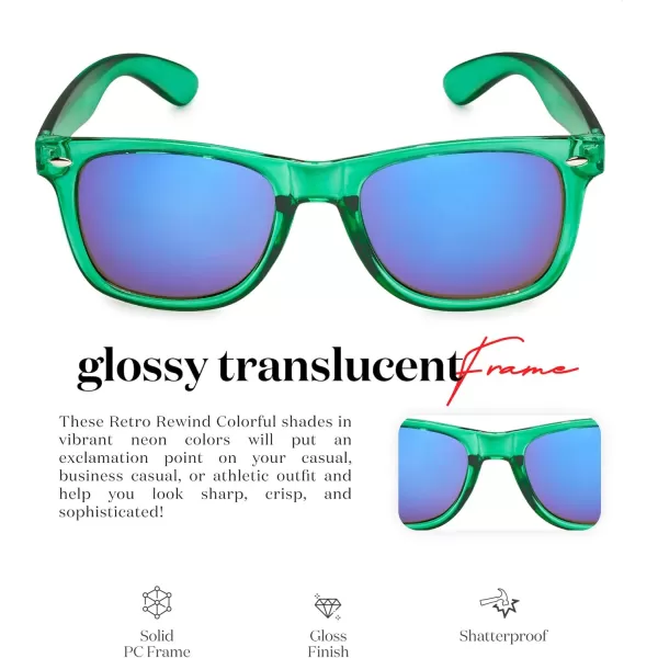 Retro Rewind Translucent Frame Colorful Neon 80s Mirrored Sunglasses for Men WomenTranslucent Green  Blue Mirror Lens