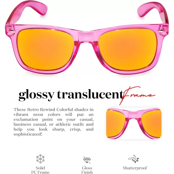 Retro Rewind Translucent Frame Colorful Neon 80s Mirrored Sunglasses for Men WomenTranslucent Hot Pink  Revo Orange Lens