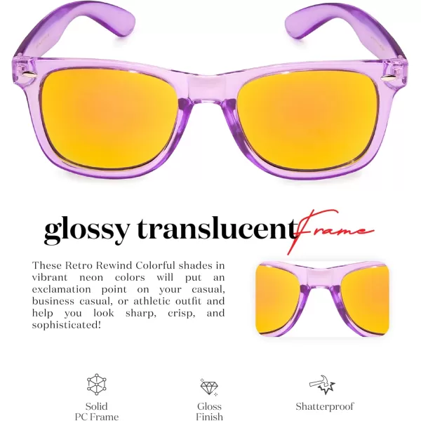 Retro Rewind Translucent Frame Colorful Neon 80s Mirrored Sunglasses for Men WomenTranslucent Lavender  Revo Orange Lens
