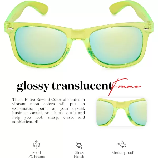 Retro Rewind Translucent Frame Colorful Neon 80s Mirrored Sunglasses for Men WomenTranslucent Lime  Gold Mirror Lens