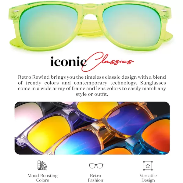 Retro Rewind Translucent Frame Colorful Neon 80s Mirrored Sunglasses for Men WomenTranslucent Lime  Gold Mirror Lens