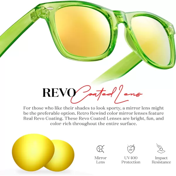 Retro Rewind Translucent Frame Colorful Neon 80s Mirrored Sunglasses for Men WomenTranslucent Neon Green  Revo Yellow Mirror