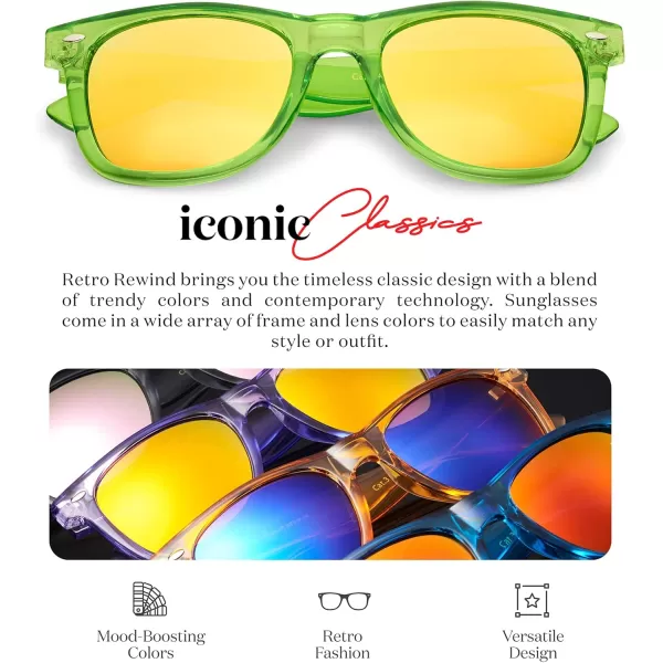 Retro Rewind Translucent Frame Colorful Neon 80s Mirrored Sunglasses for Men WomenTranslucent Neon Green  Revo Yellow Mirror