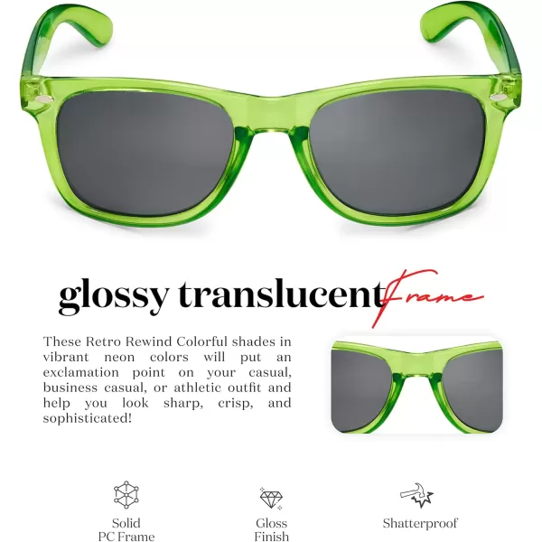 Retro Rewind Translucent Frame Colorful Neon 80s Mirrored Sunglasses for Men WomenTranslucent Neon Green  Smoke