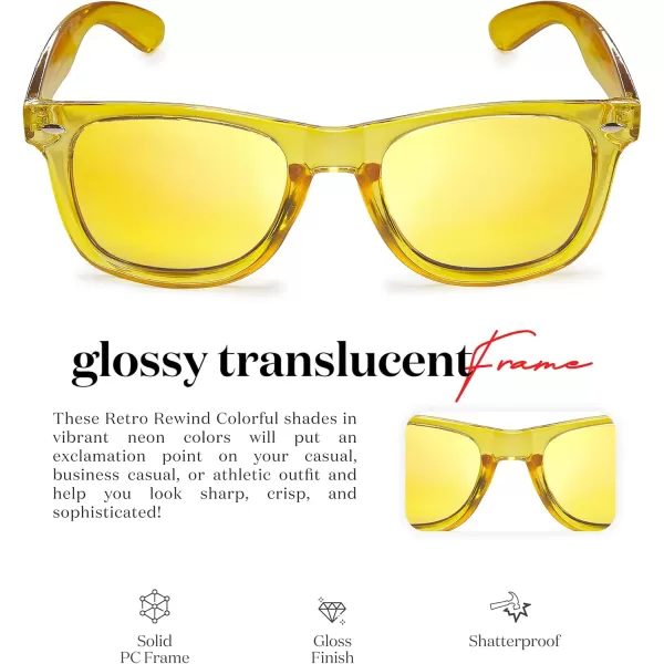 Retro Rewind Translucent Frame Colorful Neon 80s Mirrored Sunglasses for Men WomenTranslucent Pineapple  Revo Yellow Mirror