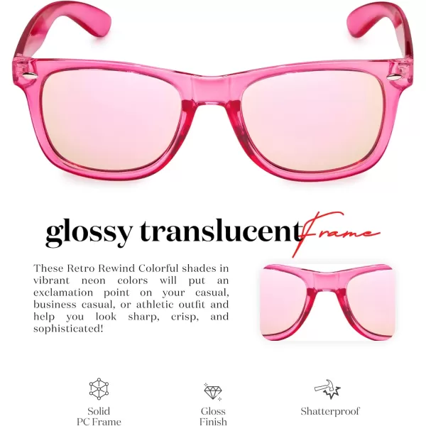 Retro Rewind Translucent Frame Colorful Neon 80s Mirrored Sunglasses for Men WomenTranslucent Pink  Revo Rose Gold Lens