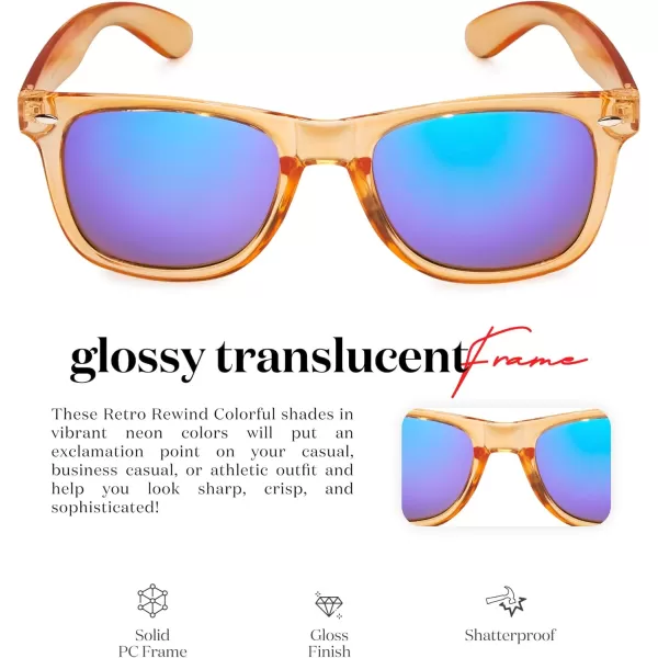 Retro Rewind Translucent Frame Colorful Neon 80s Mirrored Sunglasses for Men WomenTranslucent Pumpkin Orange  Midnight Green Mirror Lens