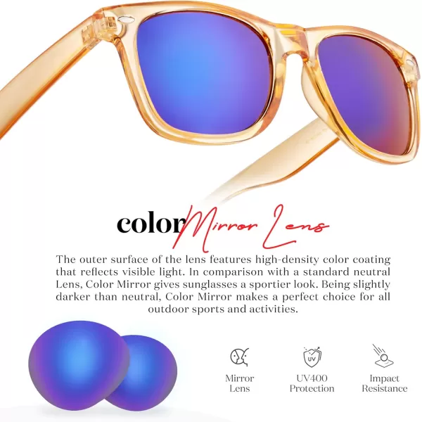 Retro Rewind Translucent Frame Colorful Neon 80s Mirrored Sunglasses for Men WomenTranslucent Pumpkin Orange  Midnight Green Mirror Lens