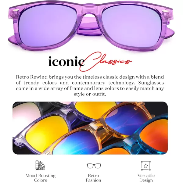 Retro Rewind Translucent Frame Colorful Neon 80s Mirrored Sunglasses for Men WomenTranslucent Purple  Revo Purple Lens