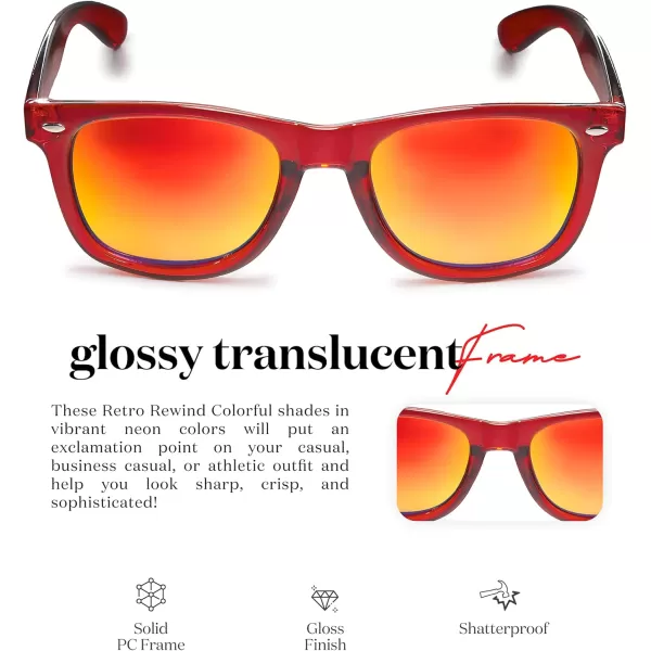 Retro Rewind Translucent Frame Colorful Neon 80s Mirrored Sunglasses for Men WomenTranslucent Red  Revo Red Mirror