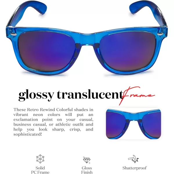Retro Rewind Translucent Frame Colorful Neon 80s Mirrored Sunglasses for Men WomenTranslucent Royal Blue  Blue Mirror
