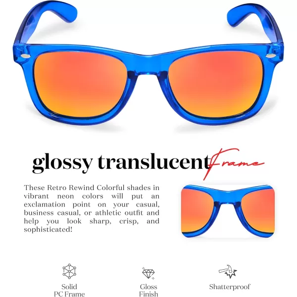 Retro Rewind Translucent Frame Colorful Neon 80s Mirrored Sunglasses for Men WomenTranslucent Royal Blue  Revo Red Mirror